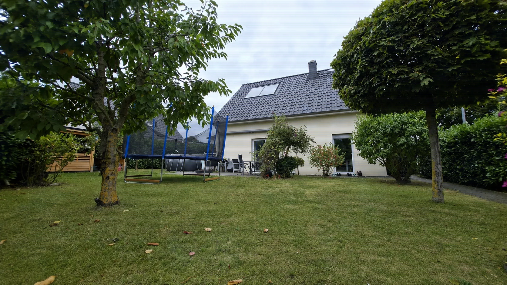 Gartenansicht mit Wohnhaus und Bepflanzung